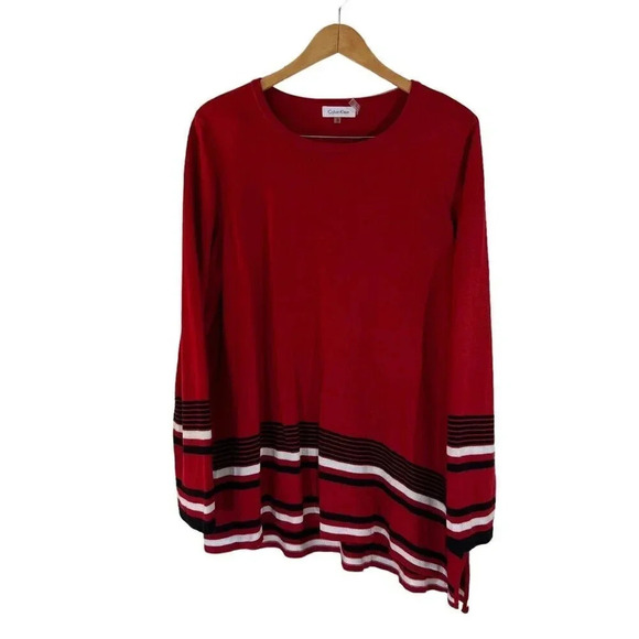 Calvin Klein Red Striped Sweater Tunic XL Slit Hem Black And White Trim Knit Top - Picture 1 of 9